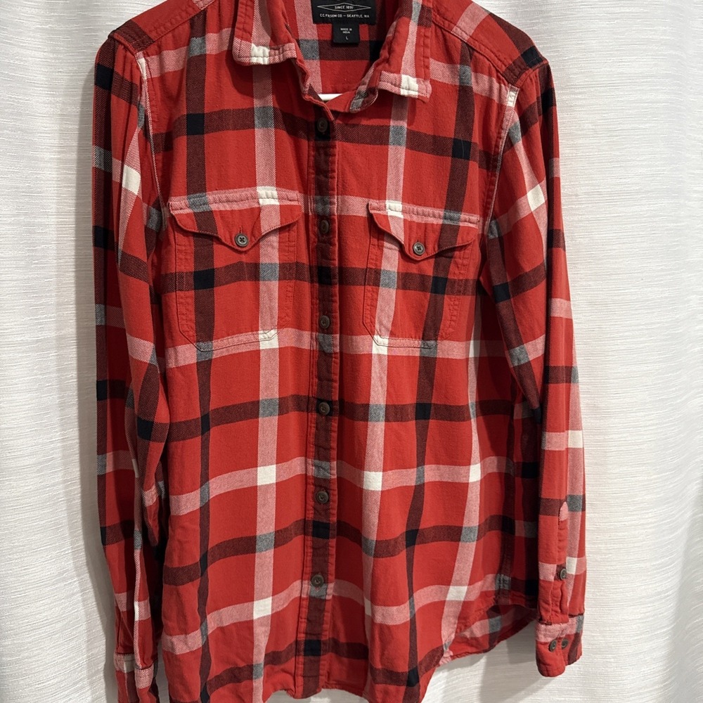 Filson Button Up Long Sleeve Cotton Flannel Plaid Shirt Womens Size L Red